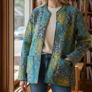 Floral Reversible Kantha Jacket - Blue and Green- Patchwork pattern